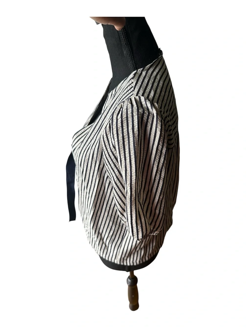Zara Navy Ecru Stripe Puff Sleeve Tie Front Plunge Blouse Chic Top Size S